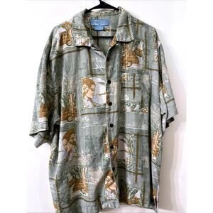 Bermuda Bay Hawaiian Shirt Men Sz XL 100% Silk Hula Girl Green Button Up Beach